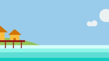 Resifte dinlenme yeri, animasyon arka plan. Düz dizaynlı tahta ayaklıklarda bungalov.