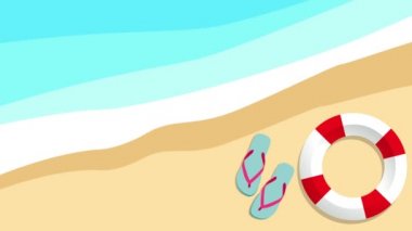Sahilde parmak arası terlikler ve can yelekleri. Retro animasyon yaz arkaplanı ve düz manzaralı illüstrasyon. Deniz kenarında tatil.