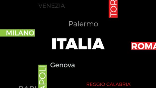 意大利的主要城市 云彩中的标签和文字 意大利的运动 4K动画文本在黑色背景的平面设计 — 图库视频影像