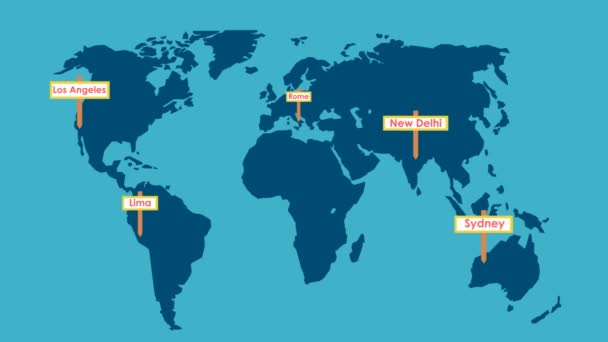 Globus Miejscami Docelowymi Mapa Świata Słynnymi Miastami Ilustracja Animowana — Wideo stockowe