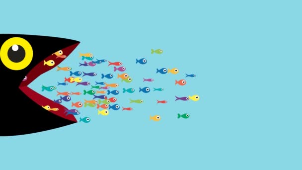 クラスアクションの概念 大きな魚は小さな魚を食べて反乱を起こして攻撃します チームワーク 強さの指標 アニメイラスト — ストック動画