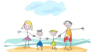 Bir çocuk tarafından yapılan animasyon çizimi. Mutlu bir aile, yaz tatilinde sahilden selamlıyor.