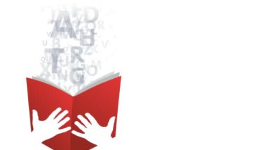 Elleri açık kırmızı bir kitap tutuyor alfabenin harfleri çıkıyor, animasyon çizimi.