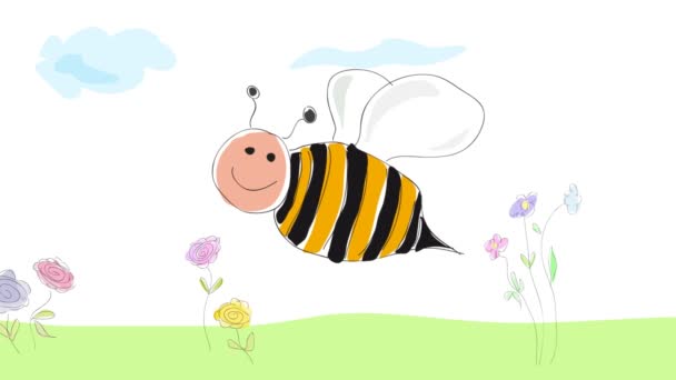 Бджола Літає Квітах Анімований Малюнок Ілюстрацій Зроблений Дитячим Стилем Весняна — стокове відео