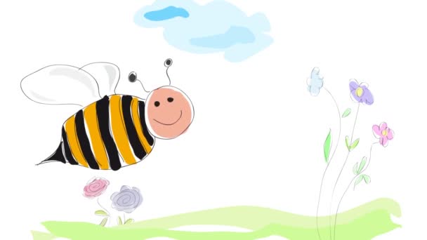 Pszczoła Mucha Kwiatach Animowany Ilustracja Rysunek Robiony Przez Dziecięcy Styl — Wideo stockowe