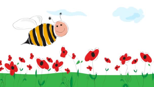 Pszczoła Mucha Kwiatach Animowany Ilustracja Rysunek Robiony Przez Dziecięcy Styl — Wideo stockowe