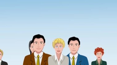 Gülümseyen bir kadın tarafından yönetilen kameraya doğru yürüyen geniş bir grup işletme yöneticisi yaklaşıyor. Çizgi film, animasyon çizimi