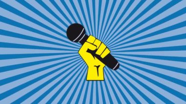Yumruk ve mikrofon. Protesto, DJ ve radyo sesi kavramı. Mavi arkaplanda canlandırılmış resimleme