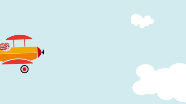 Женщина Летчик Летает Старом Самолете Небе Между Облаками Анимационная Иллюстрация — стоковое видео