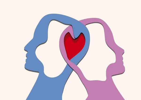 一个心脏和一对夫妇 两个相互交织的脑袋病媒标志 — 图库矢量图片
