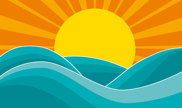 Абстрактный летний фон, солнце и волна, бурное море. Векторная иллюстрация с местом для копирования