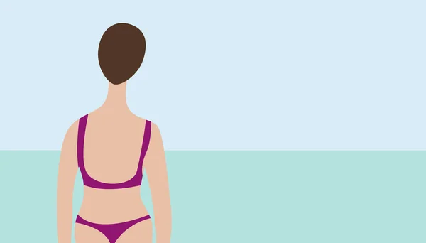 Mujer Traje Baño Bikini Vista Desde Atrás Mientras Mira Mar — Vector de stock