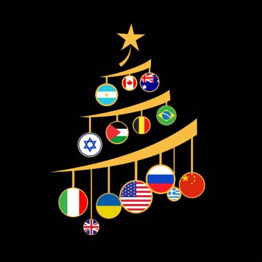 Ulusal bayraklı Noel ağacı, savaşsız dünya barışı. Vektör illüstrasyonu, tebrik kartı.