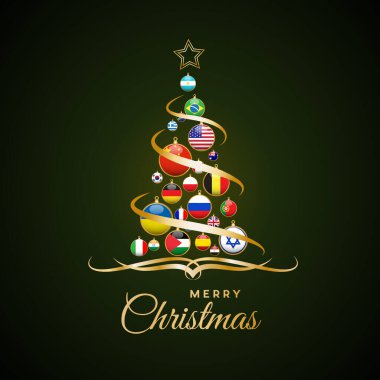 Ulusal bayraklı Noel ağacı, savaşsız dünya barışı. Vektör illüstrasyonu, tebrik kartı.