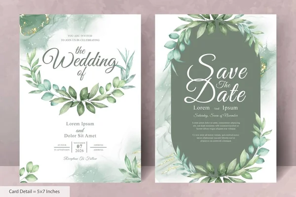 Conjunto Watercolor Floral Coroa Casamento Convite Cartão Modelo Com Mão — Vetor de Stock