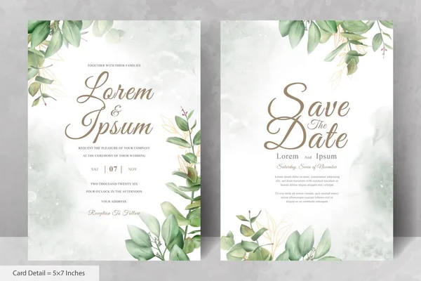 Greenery Watercolor Wedding Invitation Card Template Hand Drawn Eucalyptus Leaves — Stock Vector