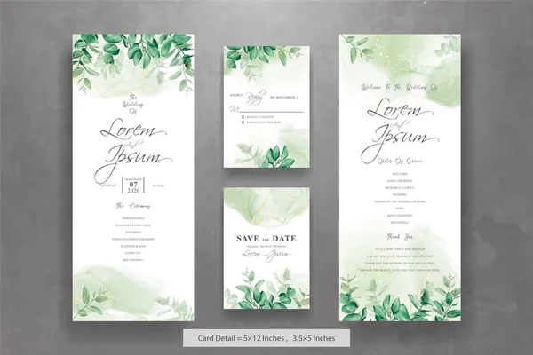 Zestaw Zielonych Akwareli Wedding Wedding Card Szablon — Wektor stockowy