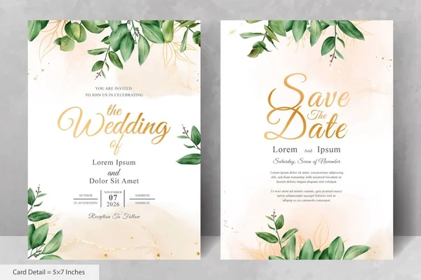 Conjunto Plantilla Tarjeta Invitación Boda Acuarela Verde — Archivo Imágenes Vectoriales