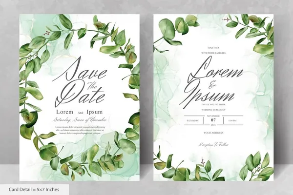 Set Greenery Watercolor Floral Wreath Wedding Invitation Card Template — 스톡 벡터
