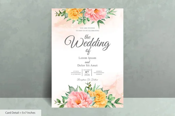 Hermoso Conjunto Invitación Boda Acuarela Con Flor Dibujada Mano — Vector de stock