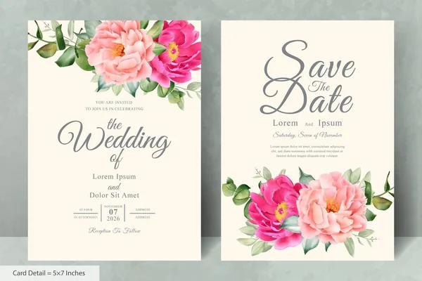 Piękny Akwarela Wedding Zaproszenie Zestaw Ręcznie Rysowane Kwiaty — Wektor stockowy