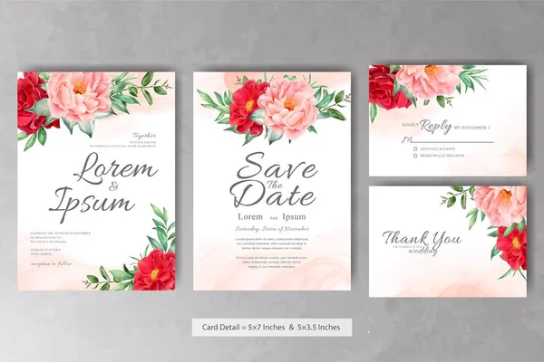 Schöne Aquarell Floral Wedding Invitation Set Mit Handgezeichneten Pfingstrosen Und — Stockvektor