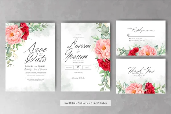 Conjunto Convite Casamento Floral Aquarela Bonita Com Peônia Folhas Desenhadas — Vetor de Stock
