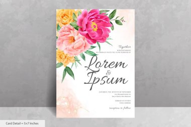 Güzel Suluboya Çiçek Düğün Davetiyesi El Çizimi Şakayık ve Yapraklı