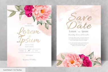 Zarif Suluboya Çiçek Düğün Davetiyesi El Çizimi Şakayık ve Yapraklı