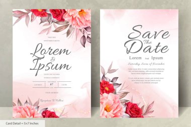 Zarif Suluboya Çiçek Düğün Davetiyesi El Çizimi Şakayık ve Yapraklı