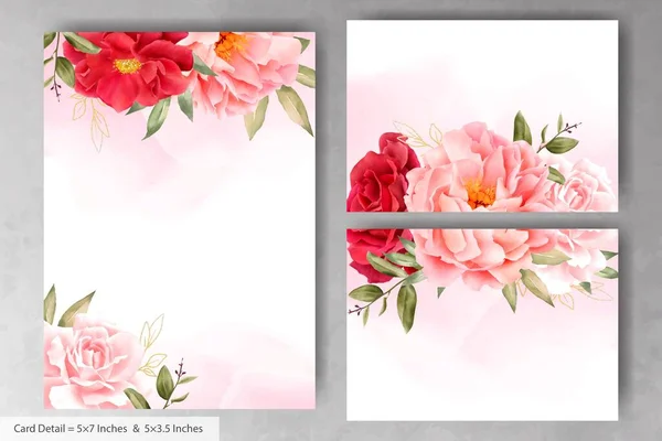 Romantyczny Akwarela Wedding Karta Zaproszenie Zestaw Maroon Kwiatów Liści — Wektor stockowy