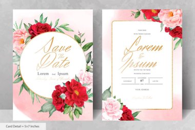 Maroon Çiçek ve Yaprakları ile Romantik Suluboya Düğün Davetiyesi