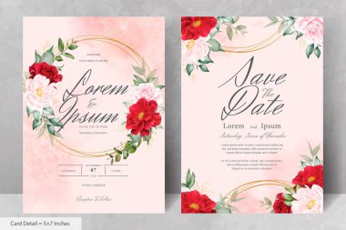 Maroon Çiçek ve Yaprakları ile Romantik Suluboya Düğün Davetiyesi