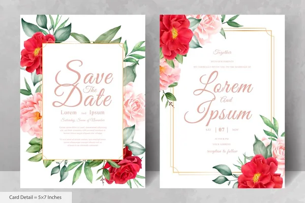 Maroon Çiçek ve Yaprakları ile Romantik Suluboya Düğün Davetiyesi