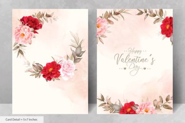 Maroon Çiçek ve Yaprakları ile Romantik Suluboya Düğün Davetiyesi