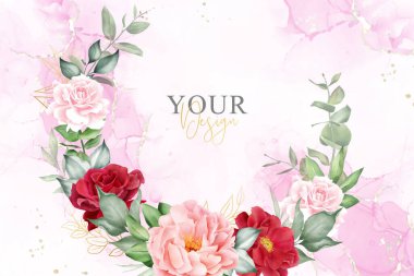 Maroon Çiçek ve Yaprakları ile Romantik Suluboya Düzenleme Arkaplan Tasarımı