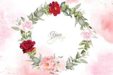 Maroon Çiçek ve Yaprakları ile Romantik Suluboya Düzenleme Arkaplan Tasarımı