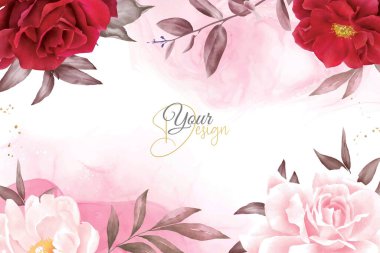 Maroon Çiçek ve Yaprakları ile Romantik Suluboya Düzenleme Arkaplan Tasarımı
