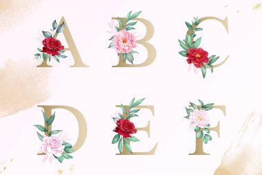 Suluboya alfabe seti a, b, c, d, e, elle çizilmiş çiçek ve yapraklar
