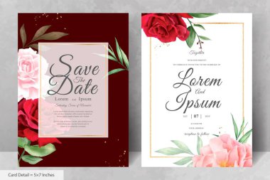 Maroon Çiçek ve Yaprakları ile Romantik Suluboya Düğün Davetiyesi