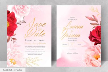 Maroon Çiçek ve Yaprakları ile Romantik Suluboya Düğün Davetiyesi