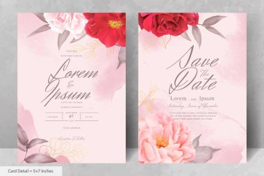 Maroon Çiçek ve Yaprakları ile Romantik Suluboya Düğün Davetiyesi