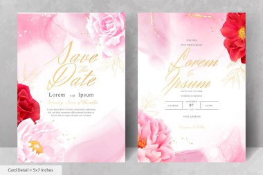 Maroon Çiçek ve Yaprakları ile Romantik Suluboya Düğün Davetiyesi