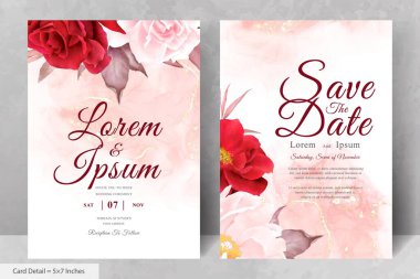 Maroon Çiçek ve Yaprakları ile Romantik Suluboya Düğün Davetiyesi