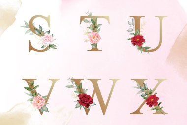 Çiçekli suluboya alfabe seti s, t, u, v, w, elle çizilmiş çiçek ve yapraklar