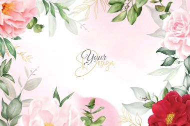 Maroon Çiçek ve Yaprakları ile Romantik Suluboya Düzenleme Arkaplan Tasarımı