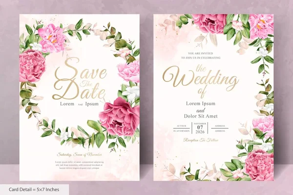 Realistische Aquarell Blumenkranz Hochzeitseinladungsvorlage Mit Handgezeichneten Blumen Und Blättern — Stockvektor