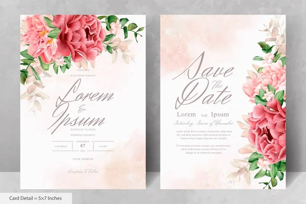 Modelo Cartão Convite Casamento Floral Aquarela Realista Com Flor Desenhada — Vetor de Stock