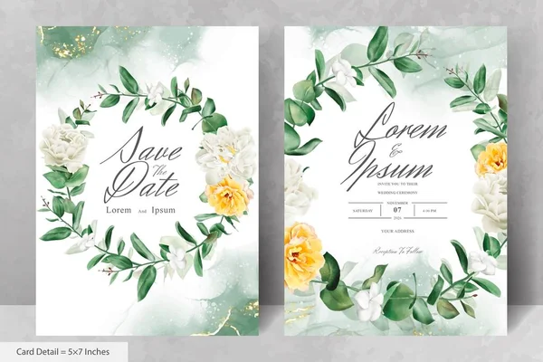 Modelo Cartão Convite Casamento Grinalda Floral Aquarela Com Flor Realista — Vetor de Stock