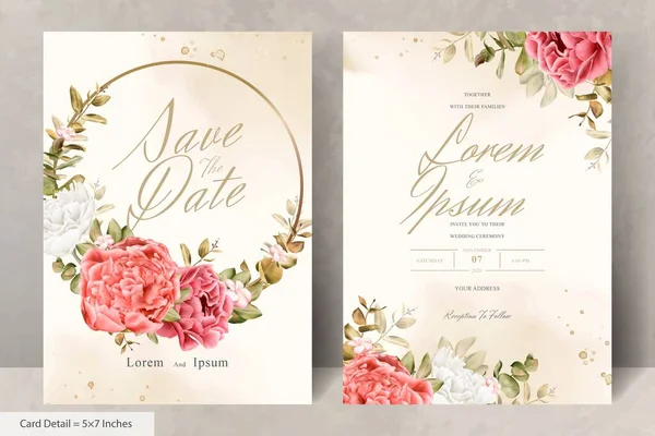 Akvarell Virágkoszorú Esküvői Meghívó Kártya Sablon Realisztikus Virág Levelek — Stock Vector